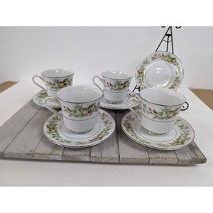 Vintage Set Premiere Pickwick Pink & White Floral 5 Saucers 4 Tea Cups Coffee